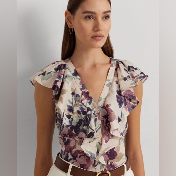 Lauren Ralph Lauren Floral Linen Blend Blouse Short Sleeve Tie Waist Size L - Picture 2 of 8
